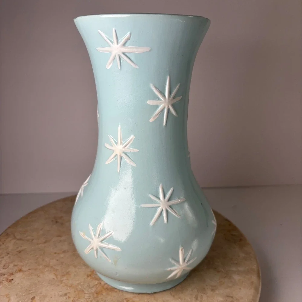 VTG Ceramic Vase 9.5in Blue Mid Century Modern Raised Atomic Starburst Hourglass